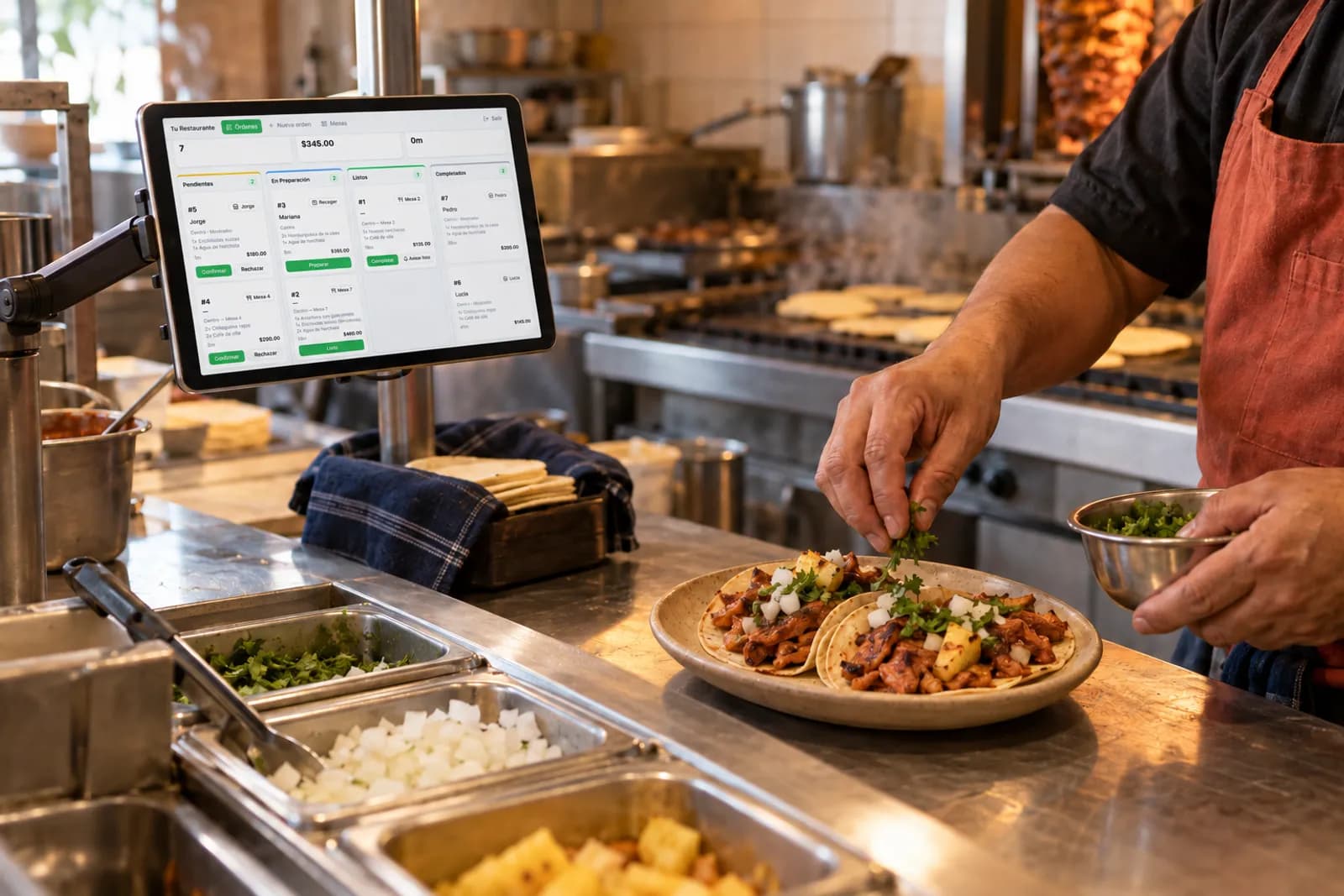 Una cocina de restaurante: el cocinero sirve tacos al pastor junto a la pantalla de cocina de Comanderia con los pedidos pendientes, en preparación y listos
