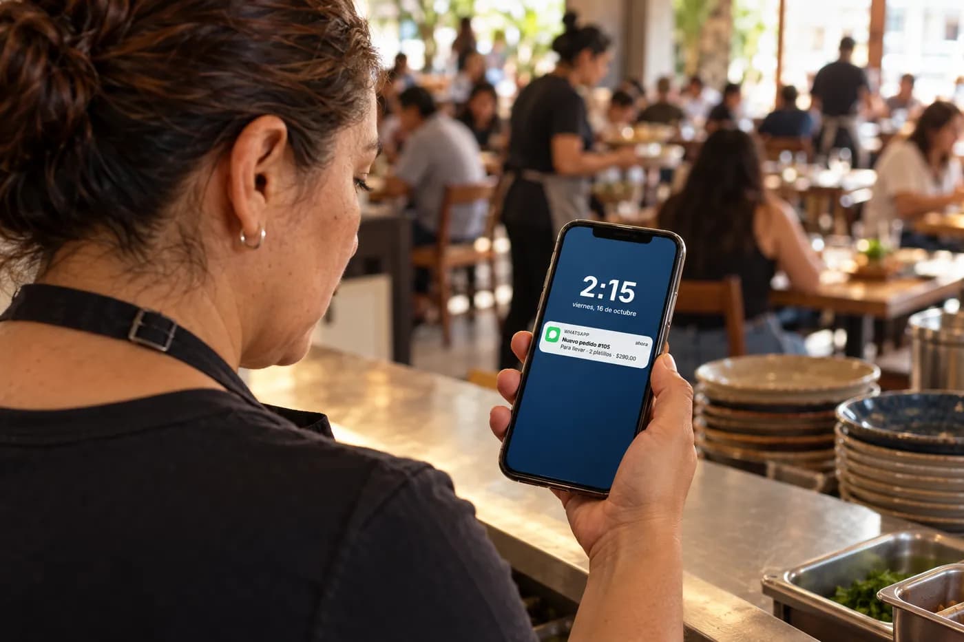 La dueña de un restaurante revisa en su celular el aviso de un pedido nuevo durante el servicio