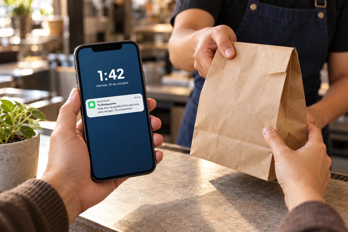 Un cliente recoge su pedido para llevar mientras su celular muestra el aviso de WhatsApp: «tu pedido #104 está listo para recoger»