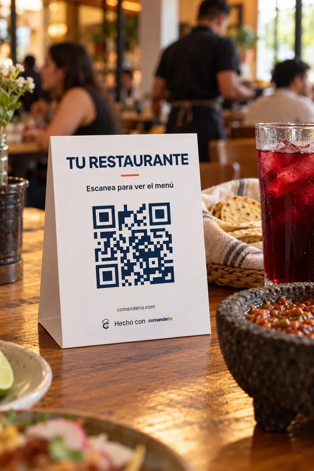 Una mesa de restaurante con una tarjeta de Comanderia: «Escanea para ver el menú», código QR y «Hecho con Comanderia»