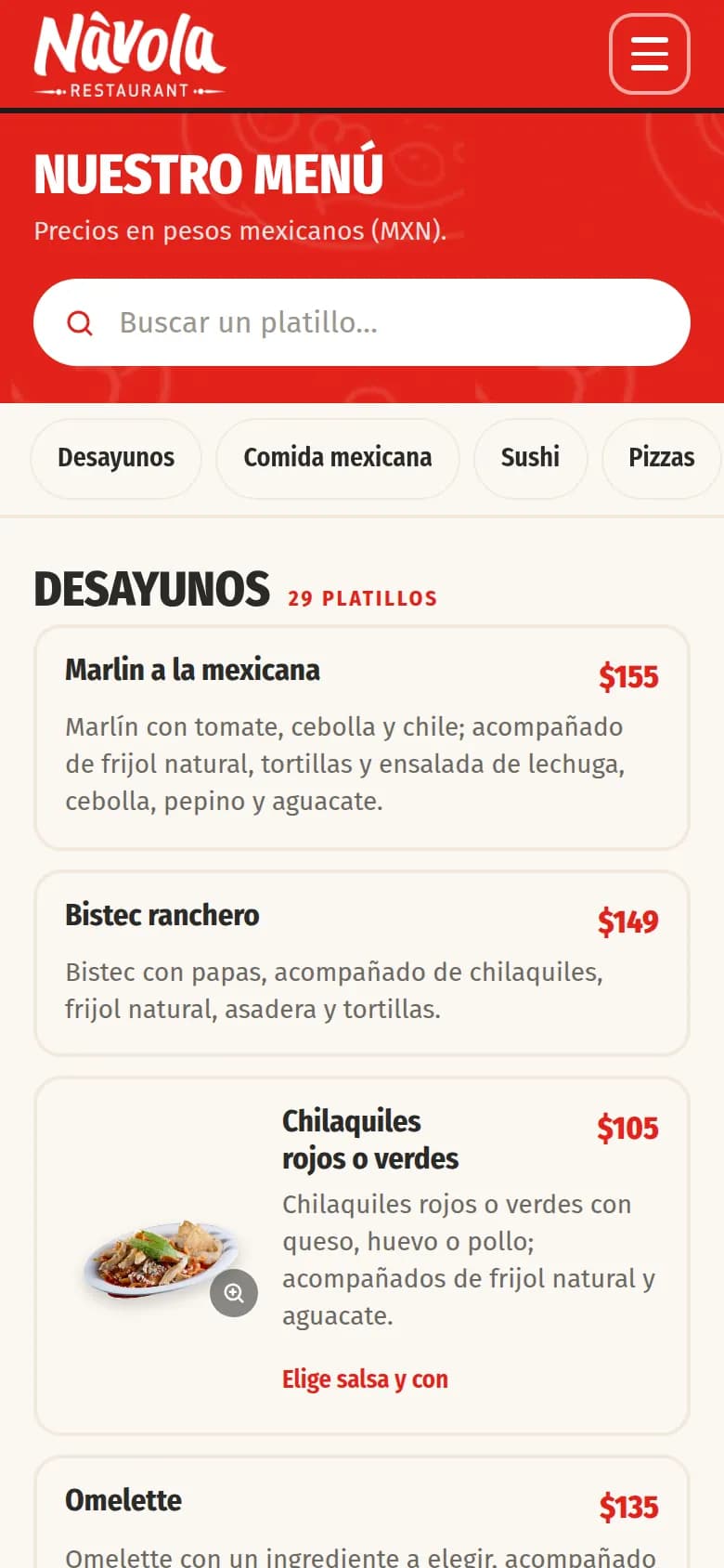 Návola’s menu on navolarest.com, on a phone