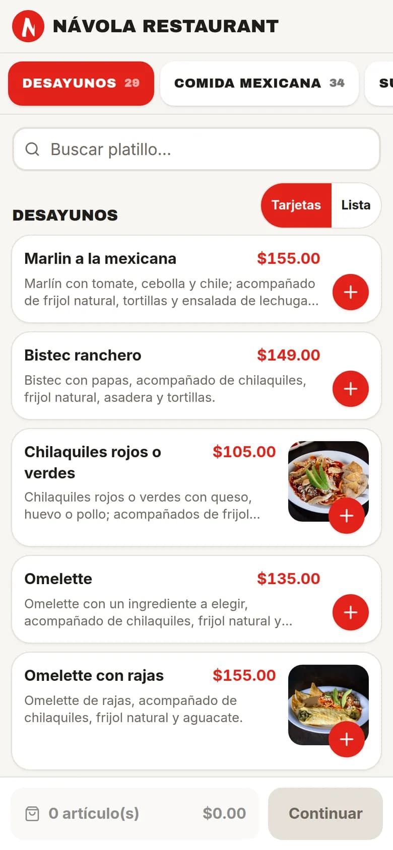 An online ordering menu, on a phone